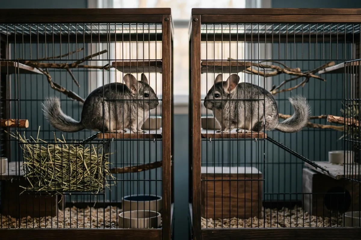 Two chinchillas in side by side cages watching each other through the bars, the safest first step when you are working out whether chinchillas need a friend