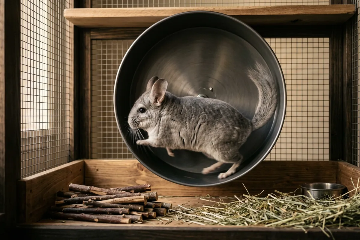 A chinchilla running inside a solid surface wheel beside a pile of wooden chews, the exercise and enrichment a single chinchilla needs when it lives alone.
