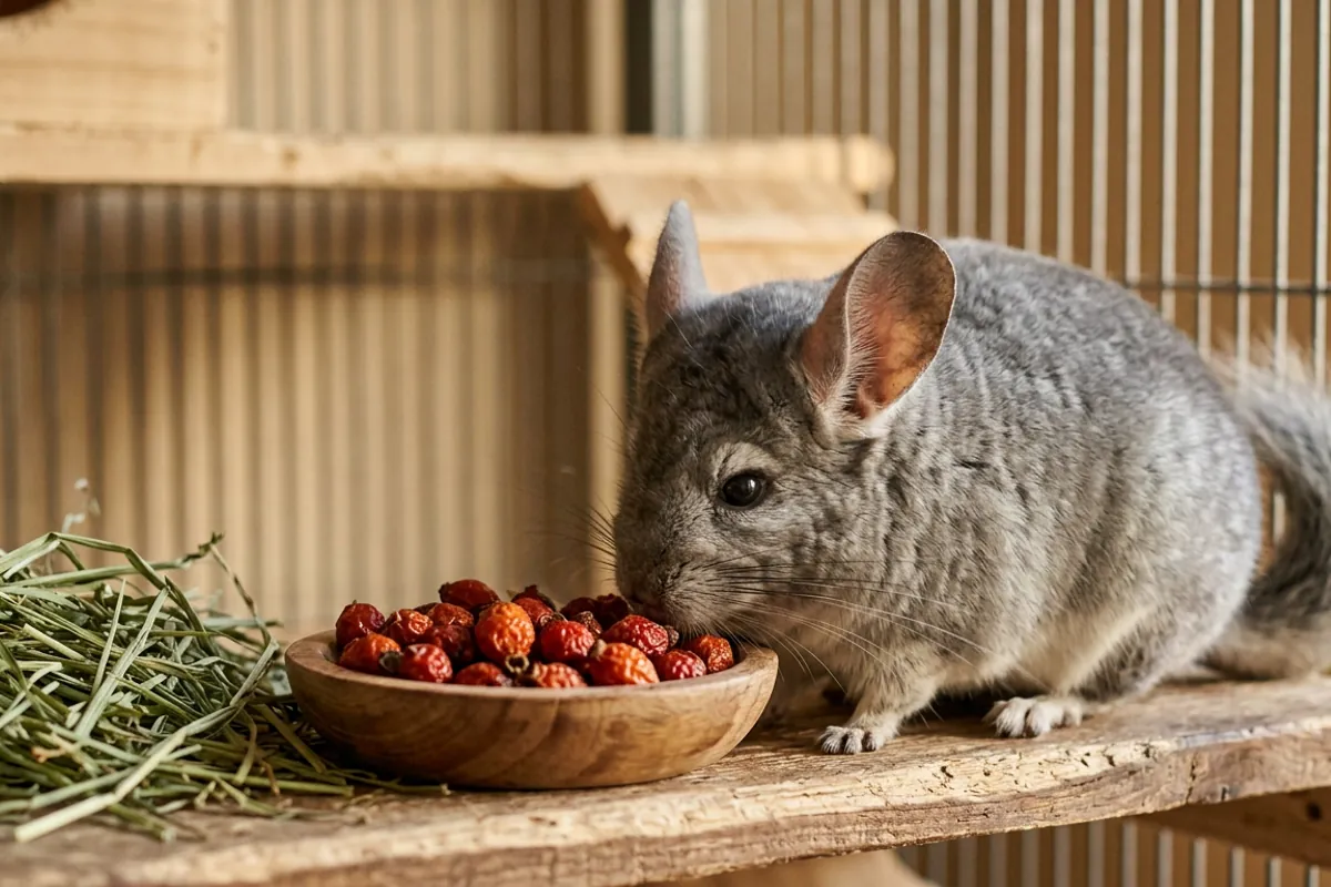 A small wooden bowl of dried rose hips for chinchillas rests on a wooden ledge beside a pile of timothy hay as a silver-gray chinchilla sniffs it.