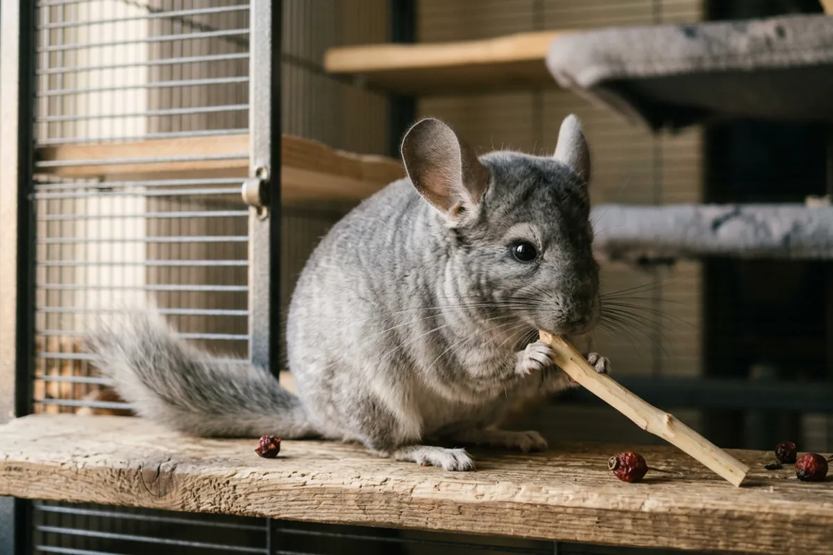 A silver-gray chinchilla gnaws an apple wood chew on a kiln dried pine ledge with a few dried rose hips for chinchillas resting nearby.