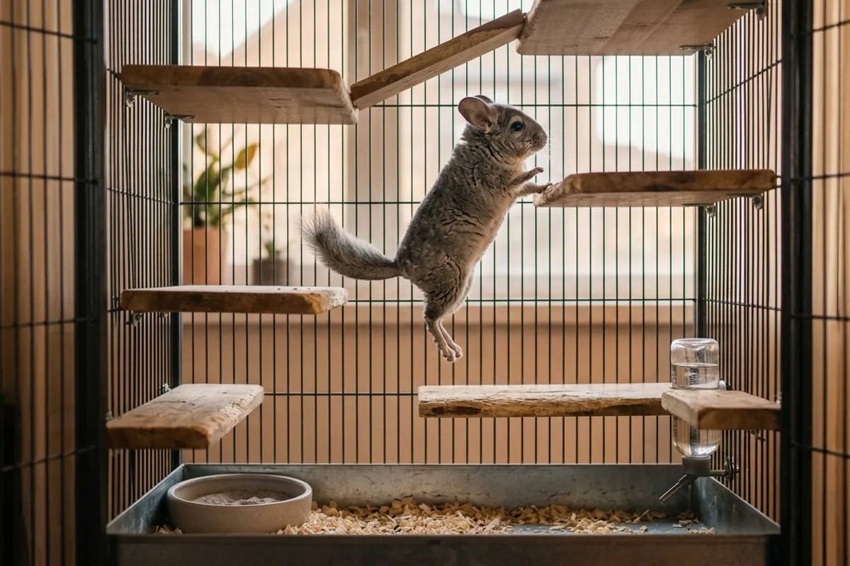The vertical layout that makes good chinchilla cages work, a chinchilla leaping between staggered wooden ledges