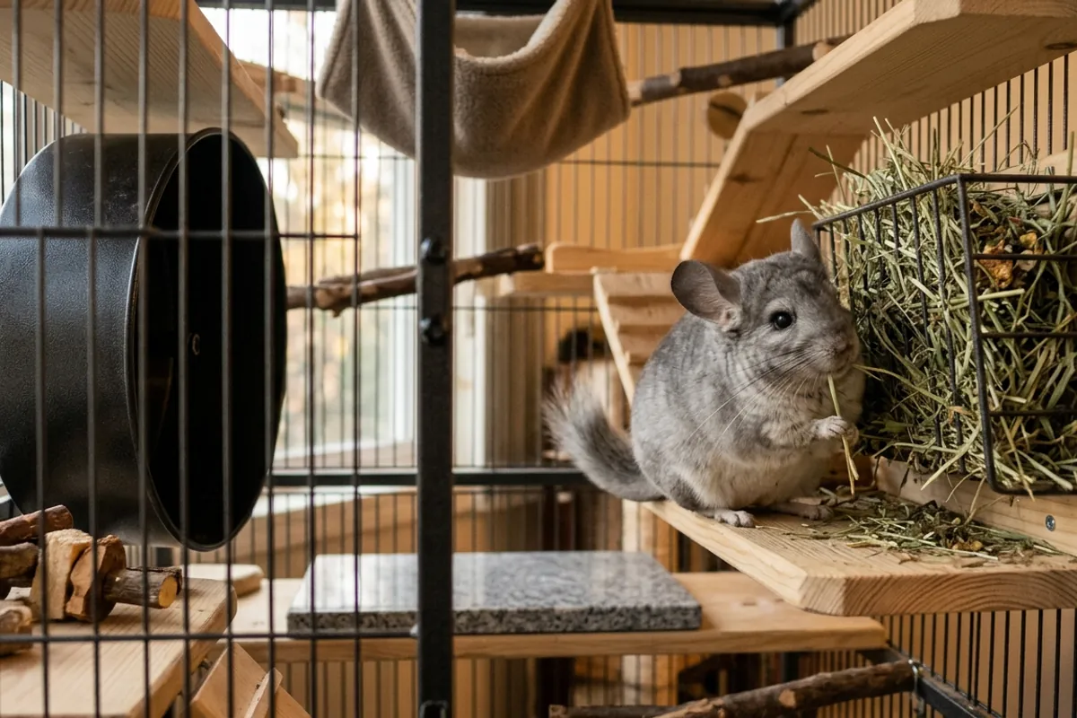 A well equipped example of good chinchilla cages, with hay rack, solid wheel, wood chews and a chinchilla feeding