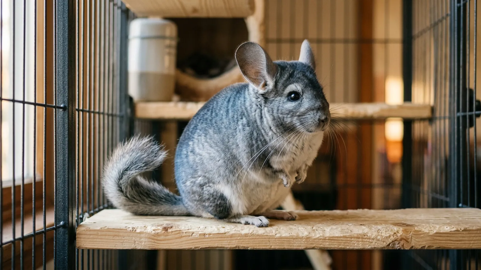 A standard gray chinchilla on a wooden ledge showing the dense silver-gray coat that gray chinchillas are known for
