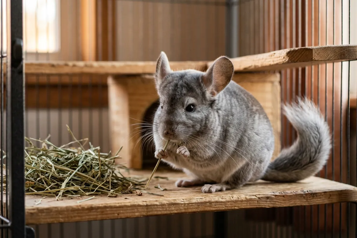 A grey chinchilla eating hay in its cage, the care that stays the same for light grey and dark grey chinchillas alike