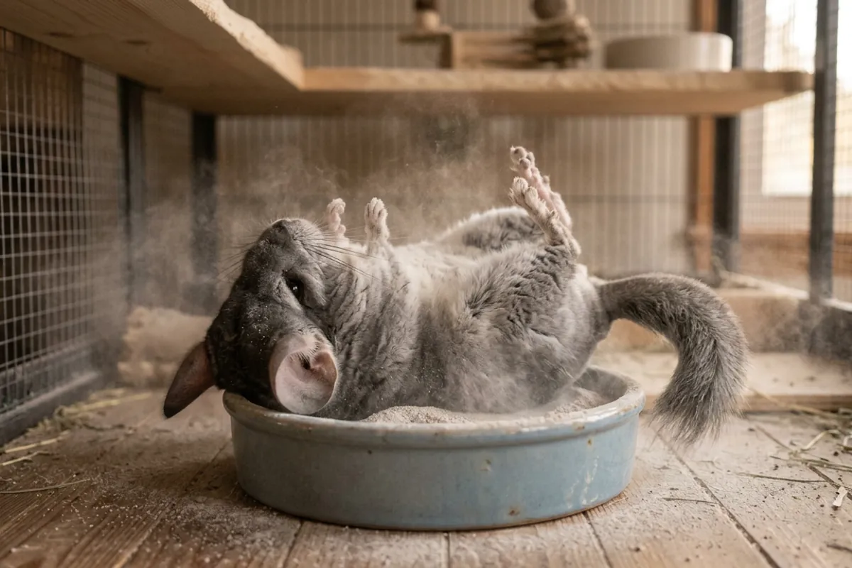 A chinchilla dust bathing in pumice powder to keep the thick coat a hairless chinchilla would lack.
