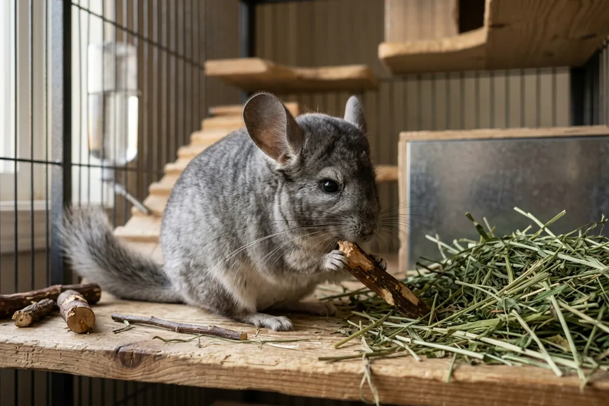 A chinchilla chewing wood and hay, the dental care that prevents the fur chewing behind many a near-hairless chinchilla.