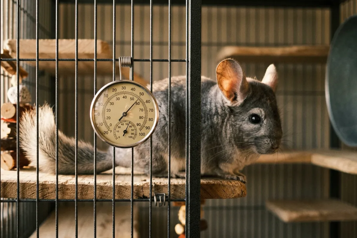 A cage thermometer at ledge height showing the room reading a keeper uses to judge how cold is too cold for a chinchilla.