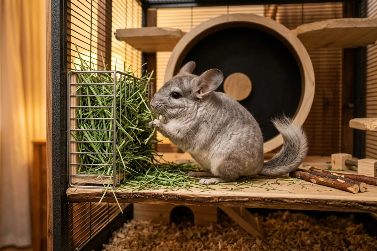 A chinchilla eating unlimited hay in a warm cage, the fuel that decides how cold is too cold for a chinchilla in winter.