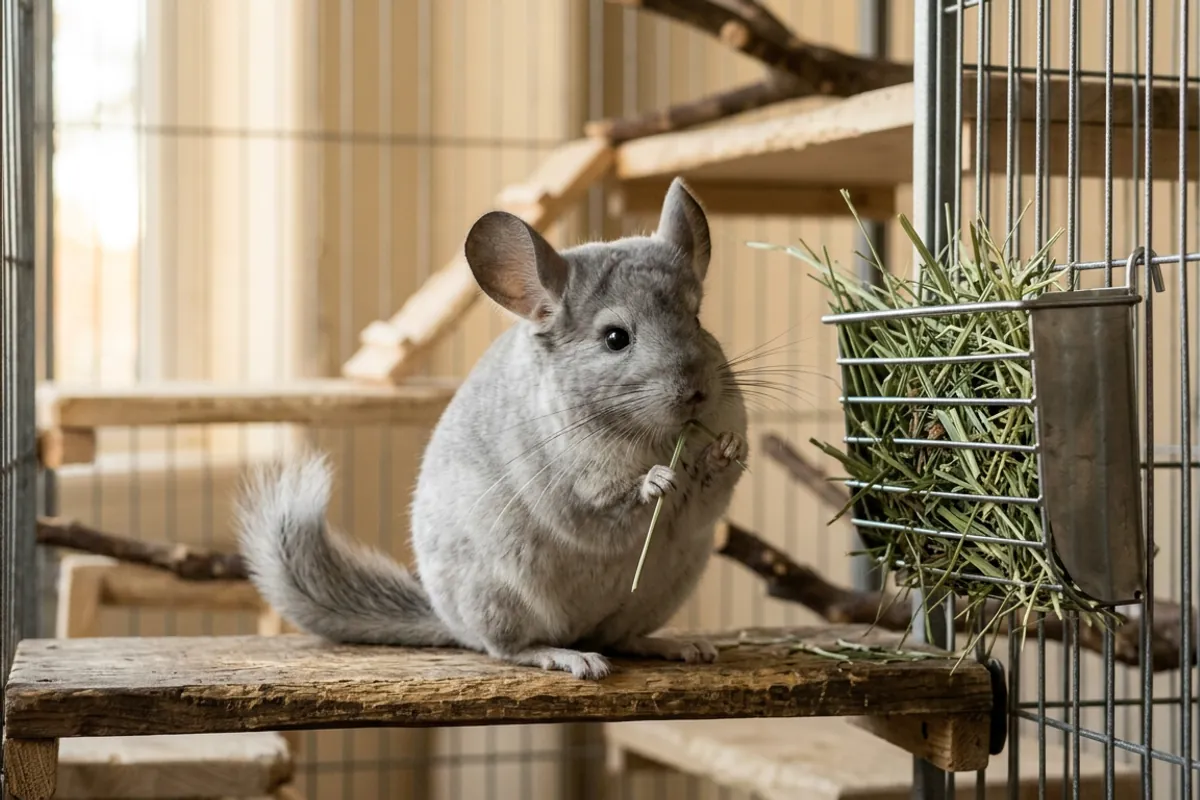 Part of how you care for a chinchilla is unlimited hay, shown here as a silver-gray chinchilla nibbling fresh timothy hay