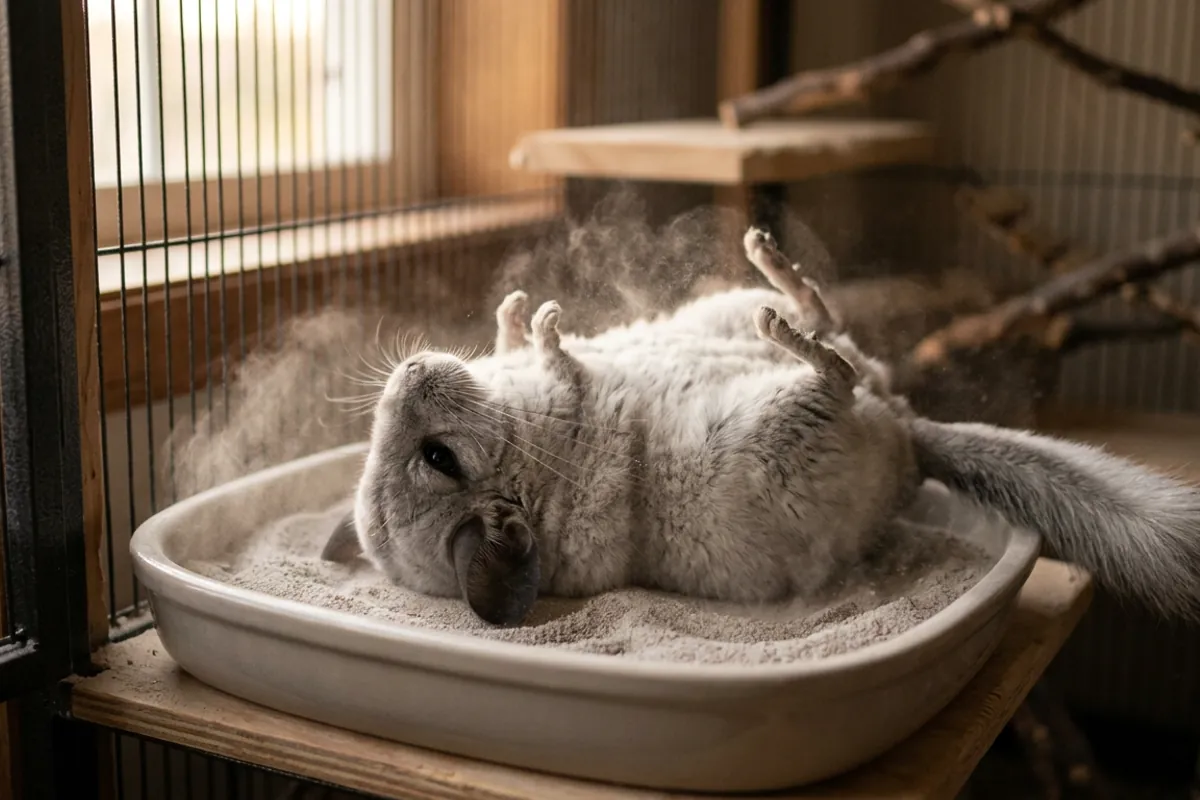 A dust bath is central to how to care for a chinchilla, shown here as a silver-gray chinchilla rolling in fine volcanic dust
