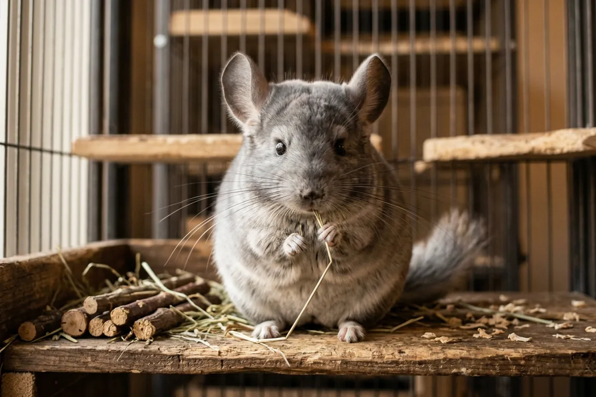 A chinchilla nibbling a hay strand it took for itself, the hand feeding stage of taming a chinchilla