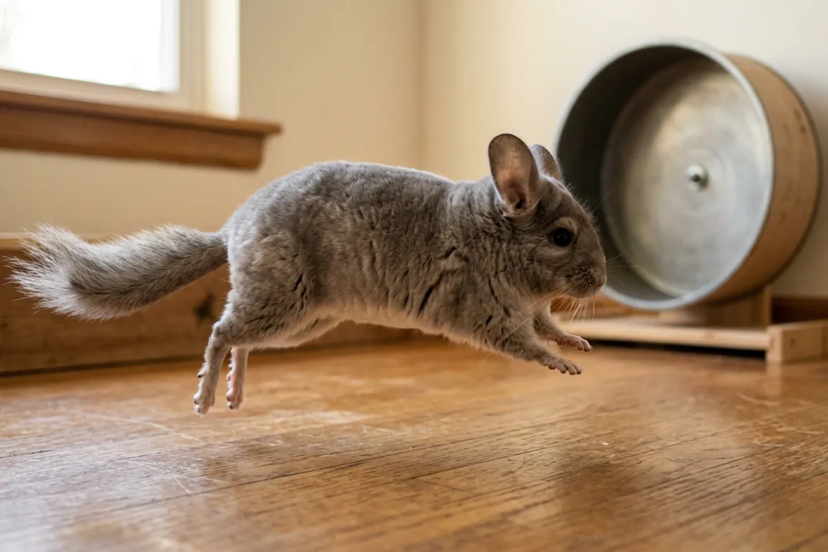 A chinchilla hopping freely across a chinchilla proofed floor during out of cage play, where taming a chinchilla really progresses