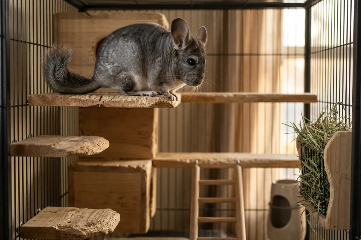 A chinchilla perched on the top ledge of a tall, huge chinchilla cage