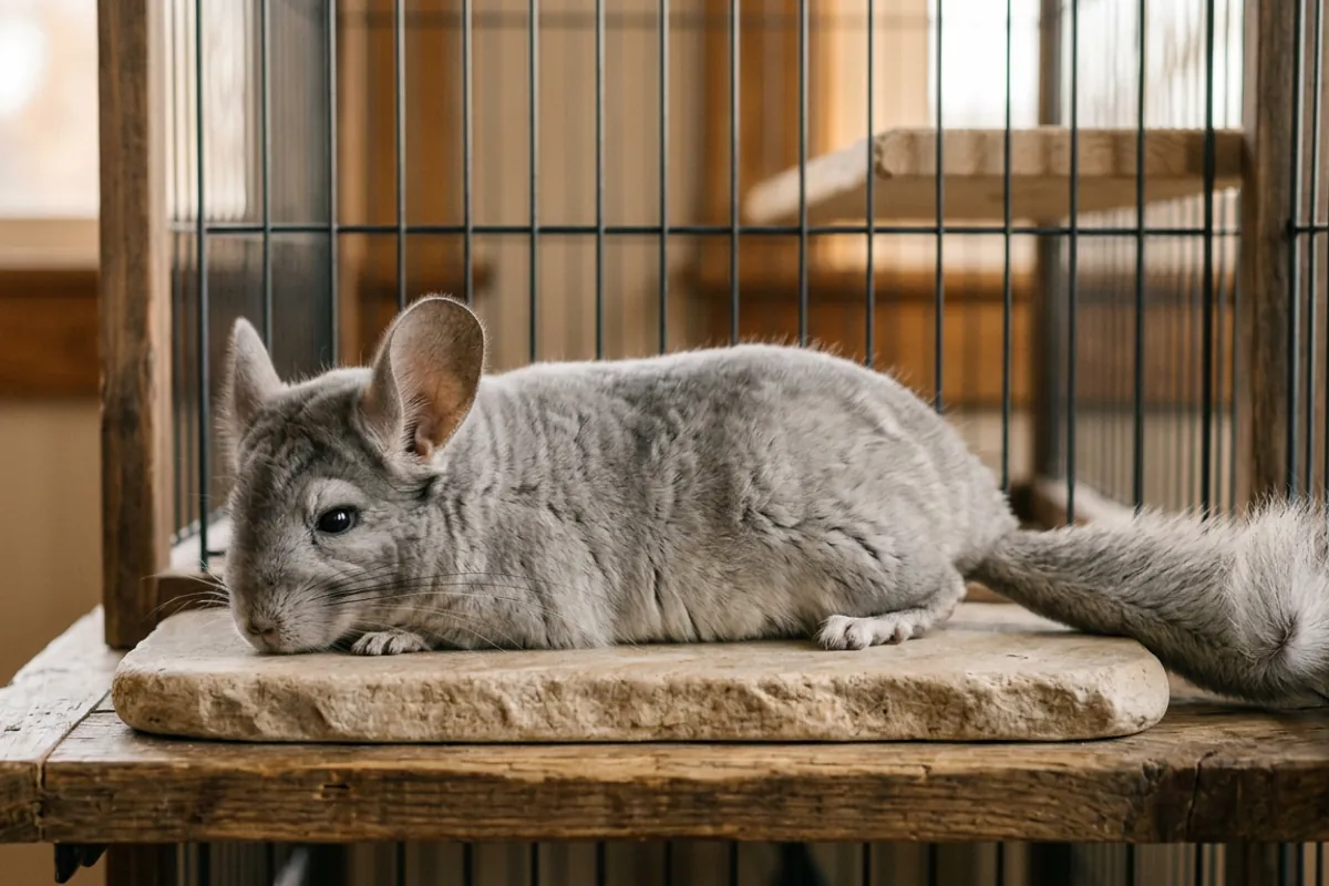 A chinchilla cooling off on a stone slab inside a huge chinchilla cage in warm weather