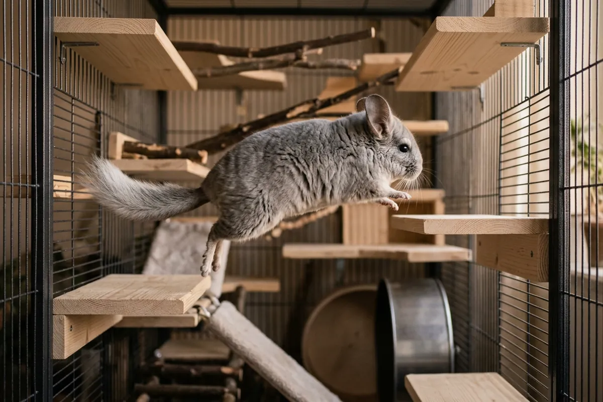 A chinchilla leaping between wooden ledges in a tall ideal chinchilla cage, showing why height beats floor space
