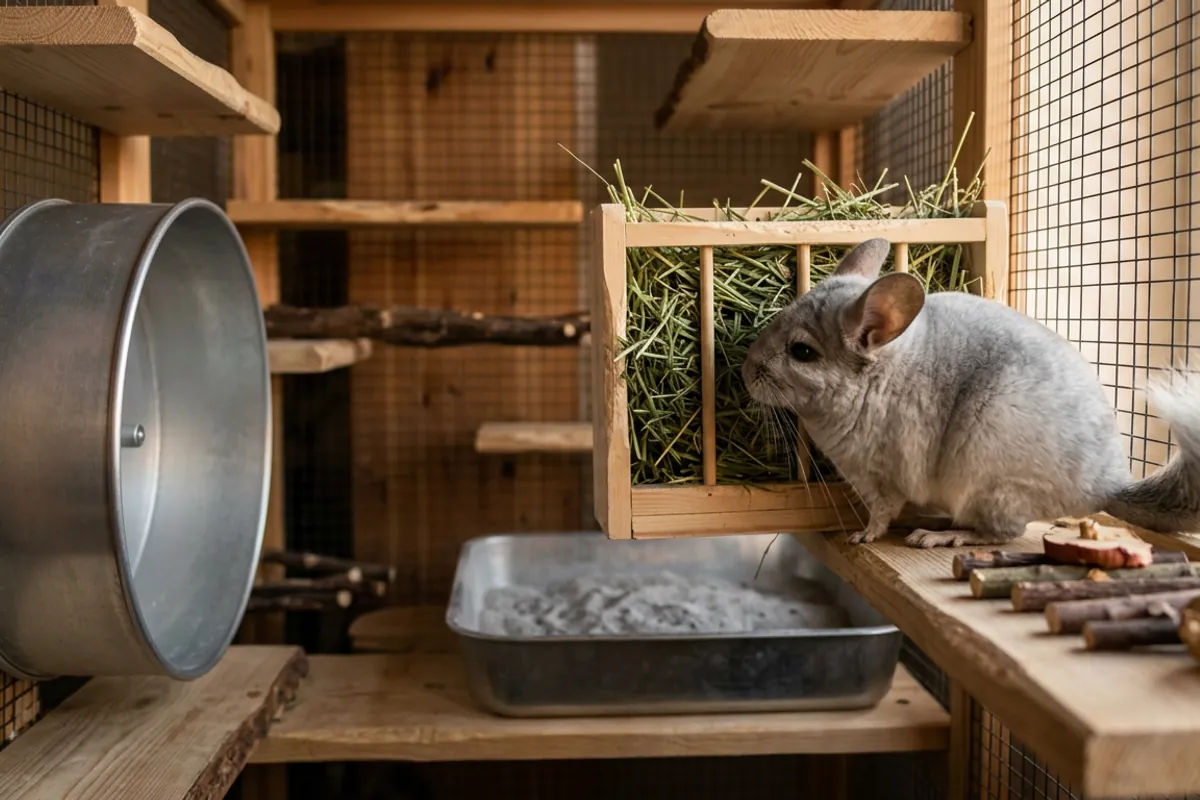 The fitted-out interior of an ideal chinchilla cage with hay, a solid-surface wheel, a dust bath, and wood chews