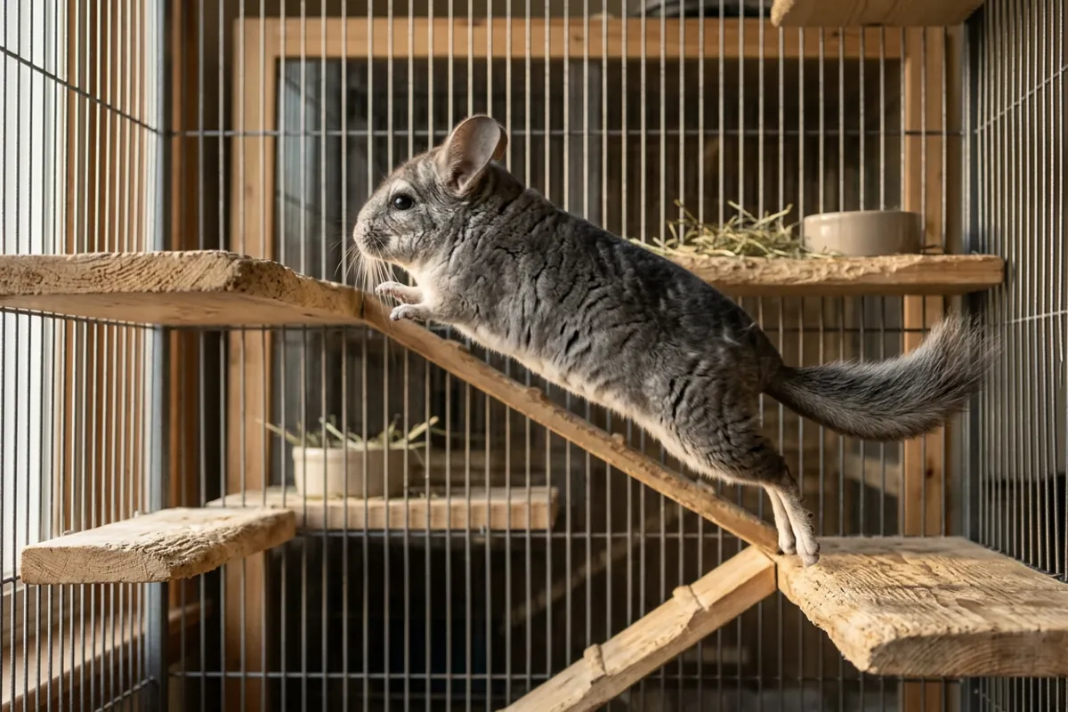 A chinchilla leaping between wooden ledges inside a tall large chinchilla cage