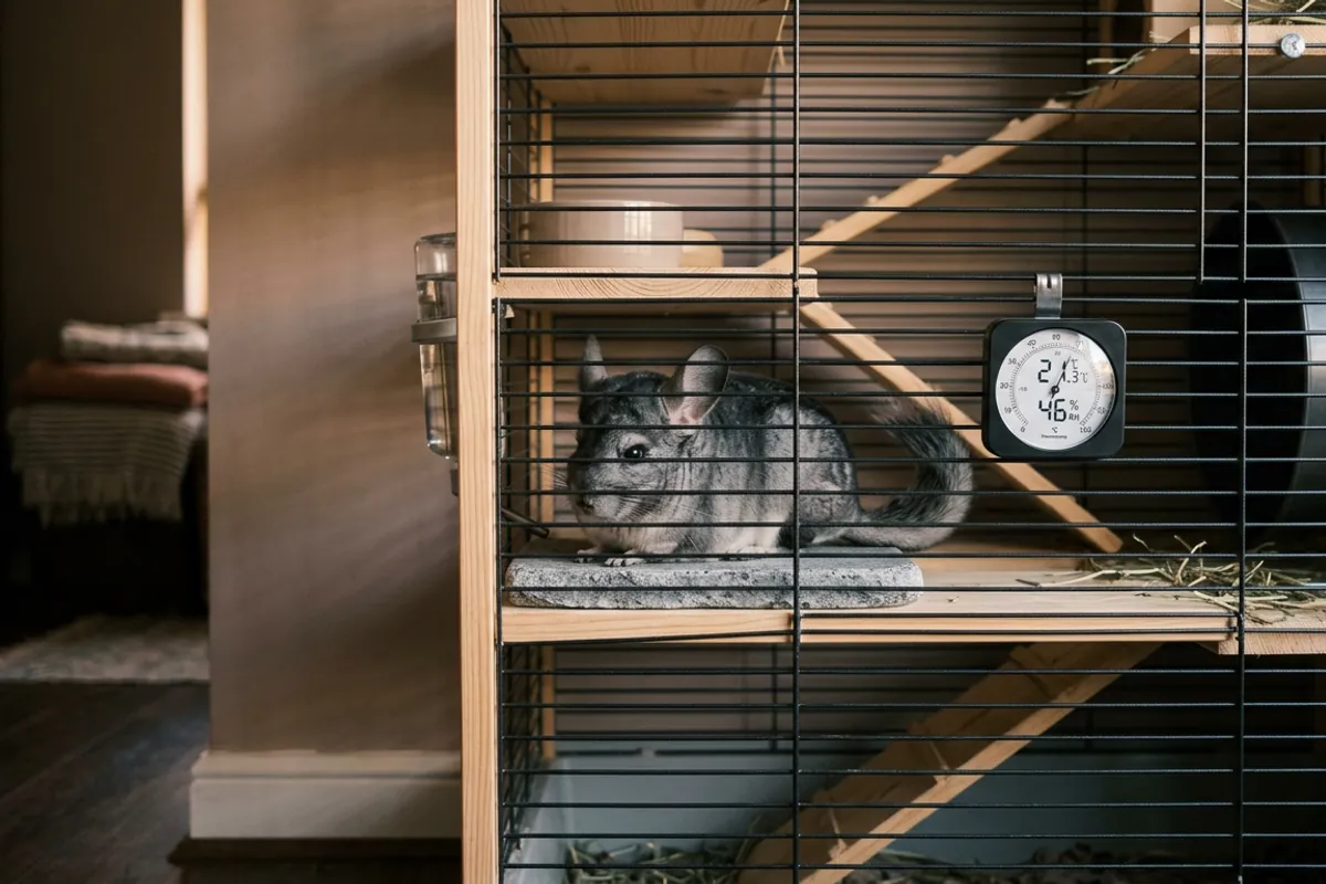 A large chinchilla cage placed on a cool interior wall with a thermometer and a resting chinchilla