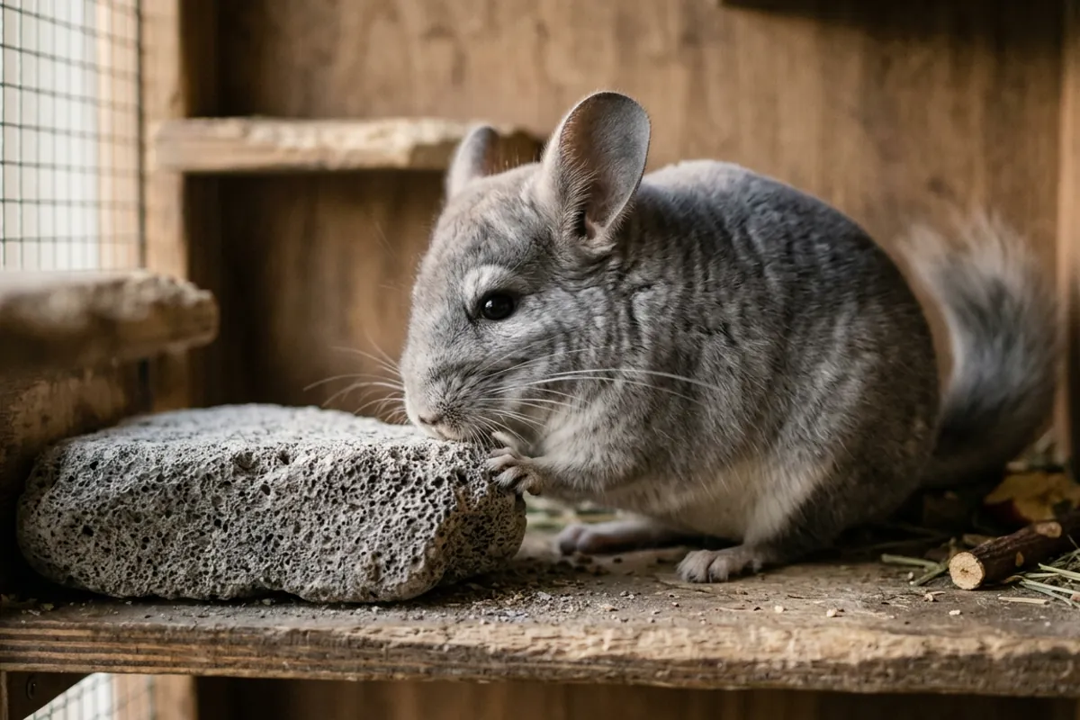A chinchilla chewing the edge of a lava ledge next to wooden chews