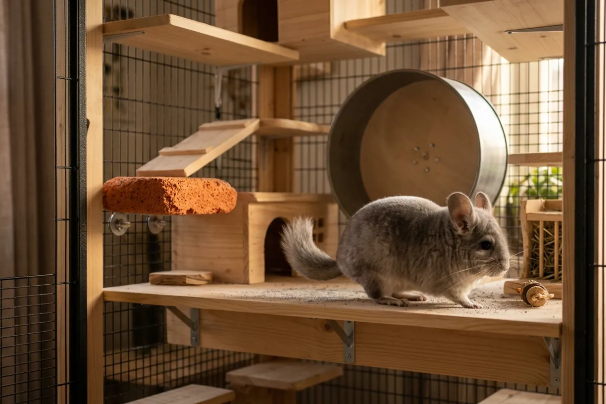 Wood ledges and a single lava ledge arranged at staggered heights in a chinchilla cage