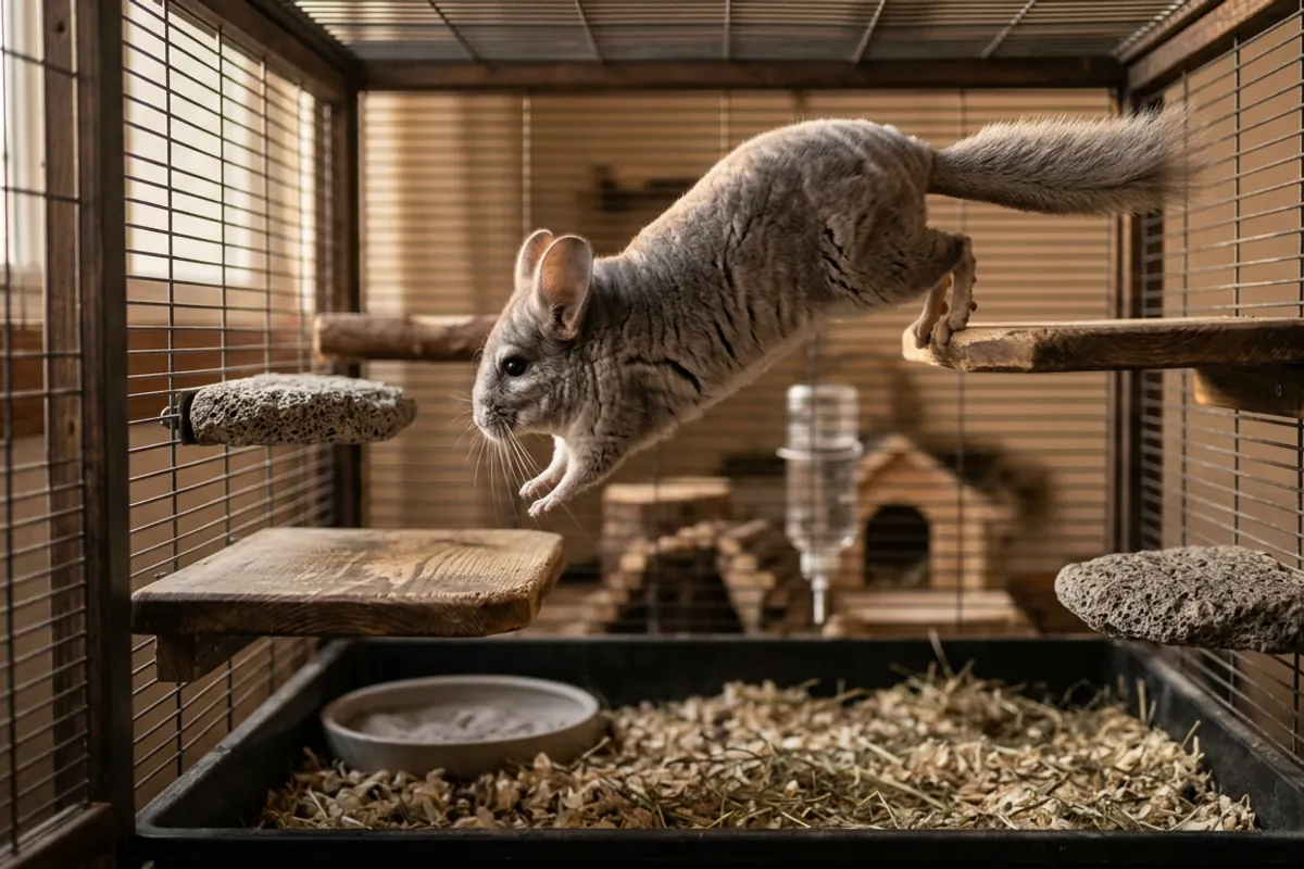 A chinchilla jumping between staggered wooden ledges in a multi level chinchilla cage.