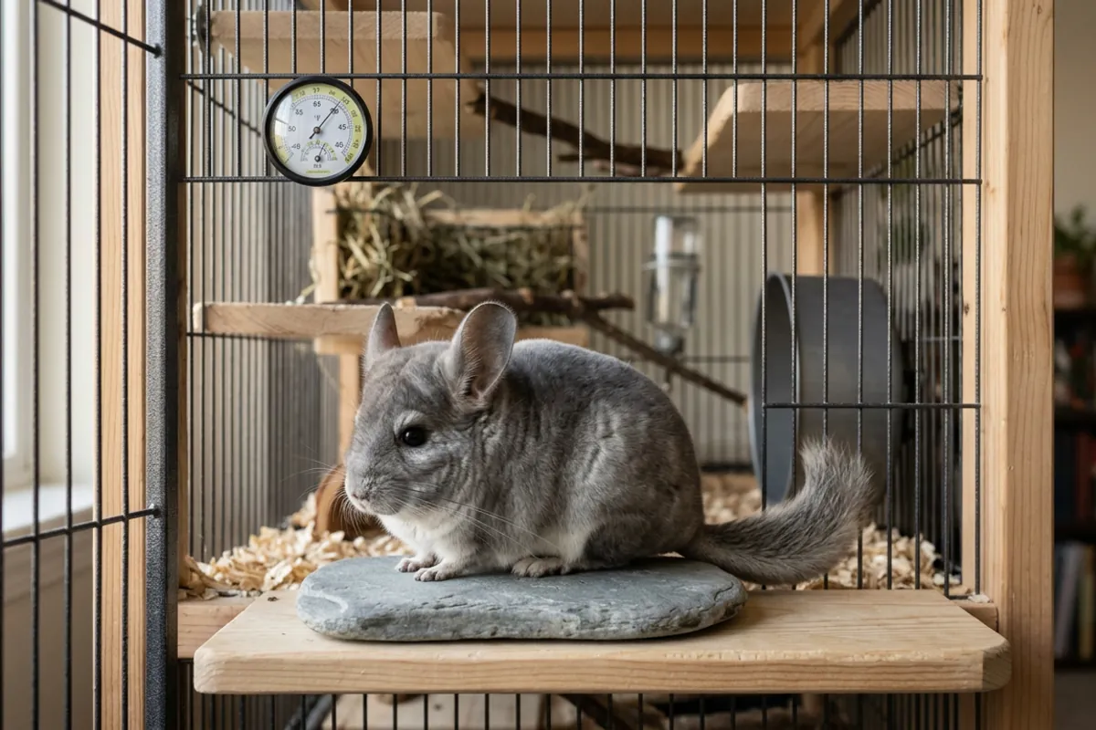 A chinchilla resting on a cooling stone low in a multi level chinchilla cage on a warm day.