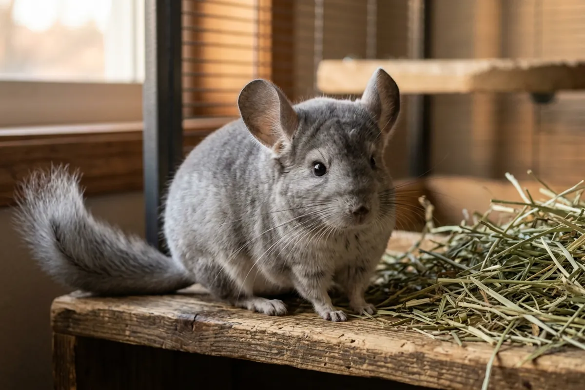 A young chinchilla only a few months old beside timothy hay, years from being an old chinchilla