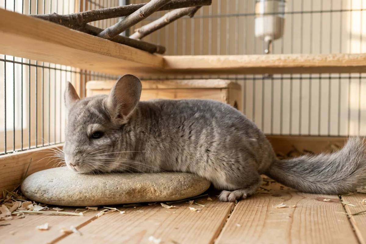 An old chinchilla cooling itself on a stone inside its metal and wood cage