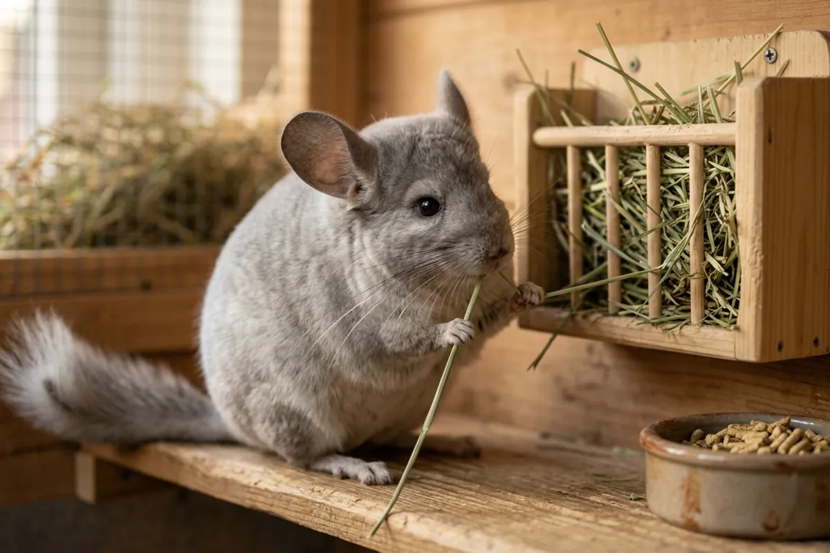 A chinchilla eating hay next to a dish of oxbow chinchilla food on a wooden ledge