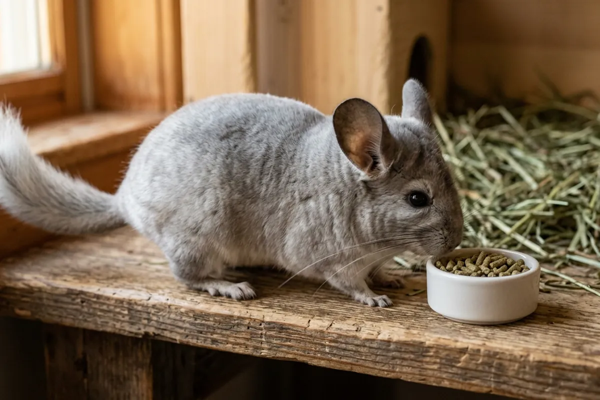 A measured portion of oxbow chinchilla food in a small dish beside a chinchilla