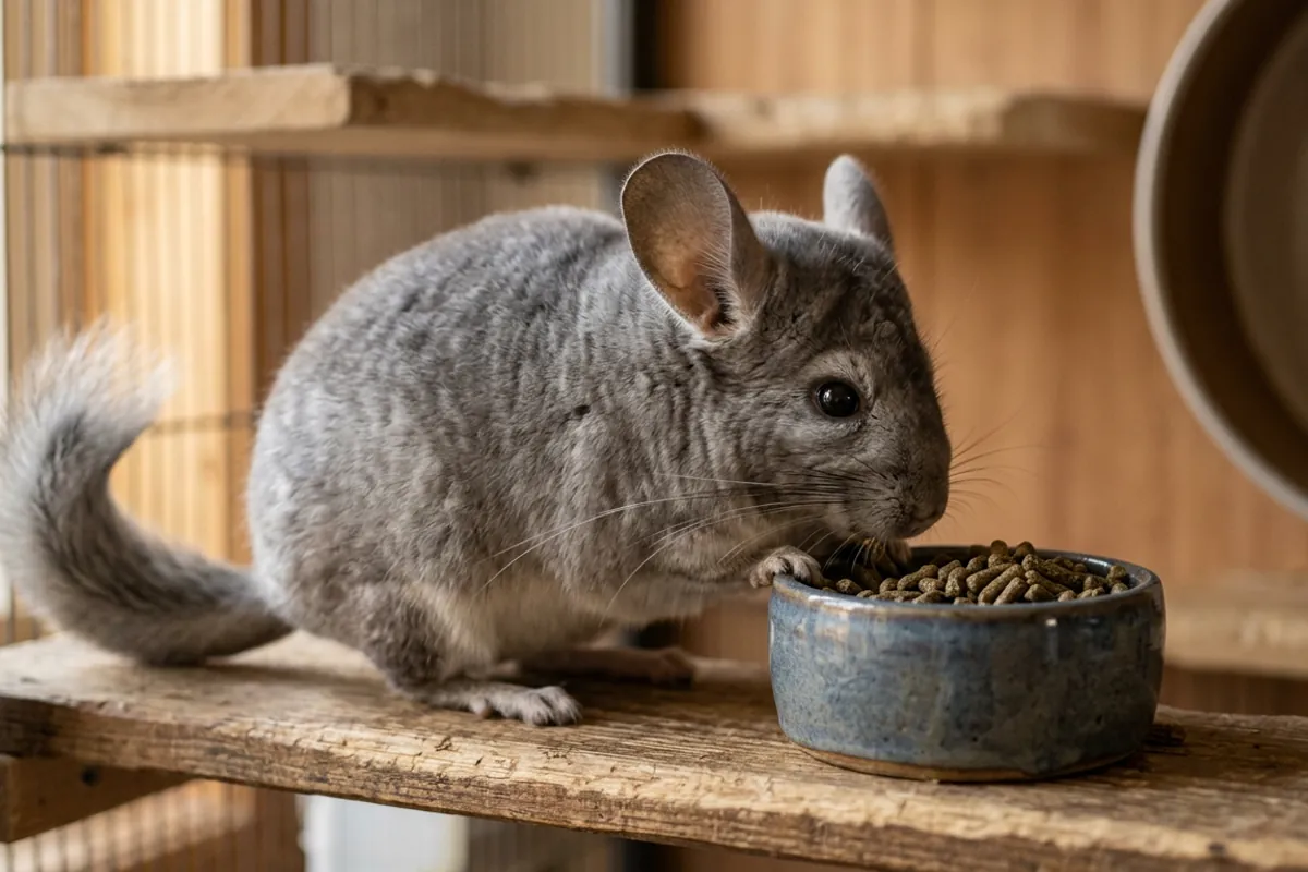 A close view of plain uniform oxbow pellets for chinchilla feeding in a ceramic bowl on a wooden ledge