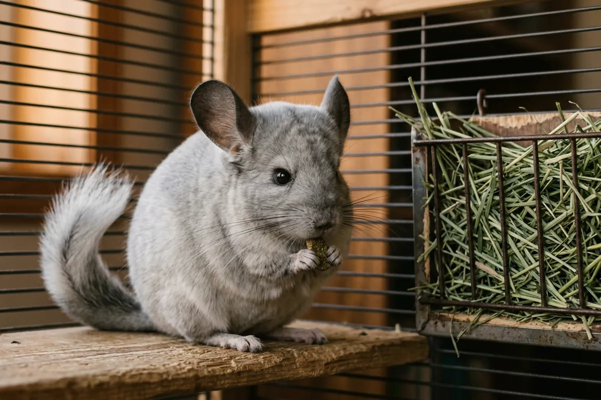 A chinchilla eating a measured oxbow chinchilla pellet beside a full hay rack on a wooden ledge