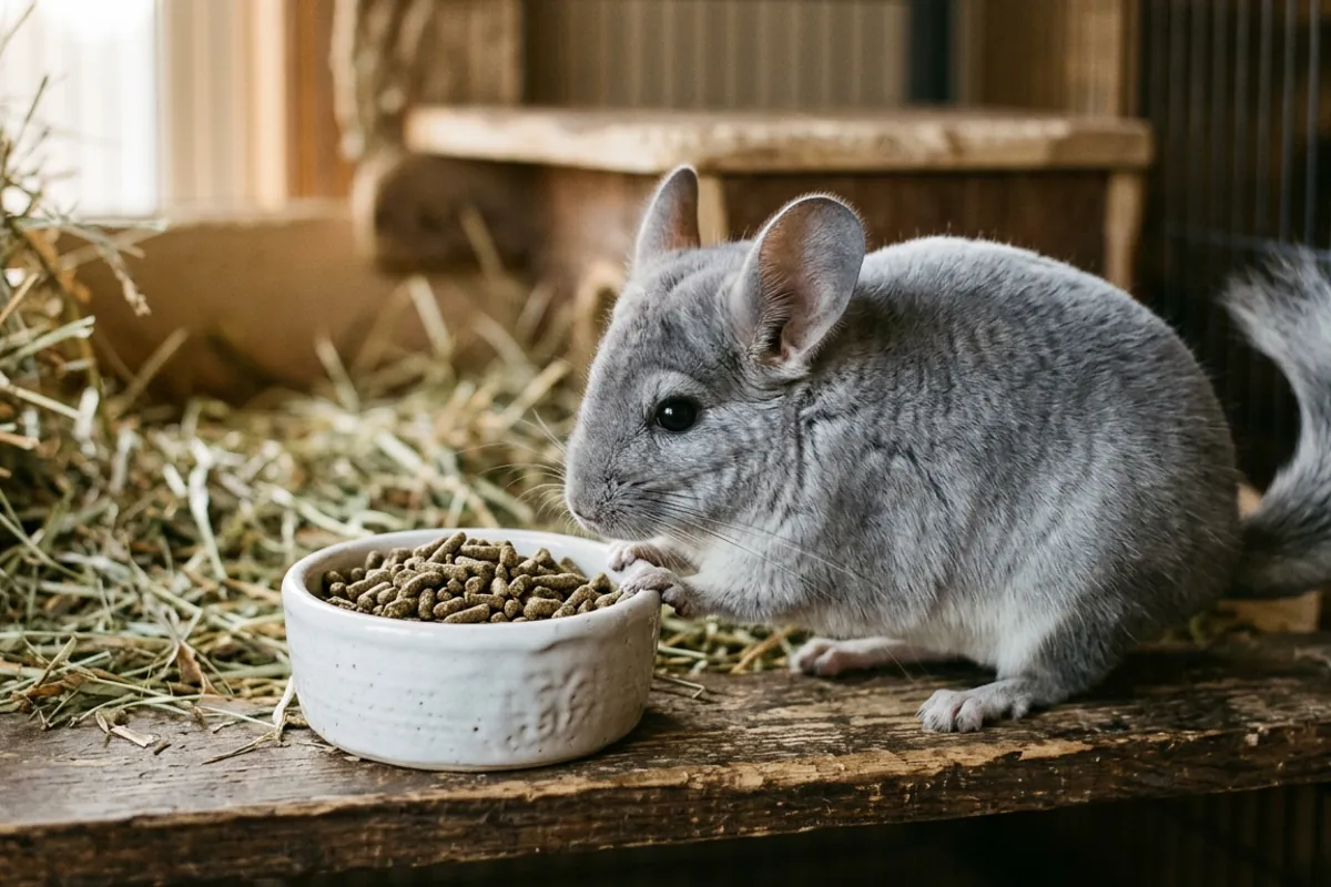 A measured bowl of Oxbow Essentials chinchilla food next to a silver-gray chinchilla and loose timothy hay