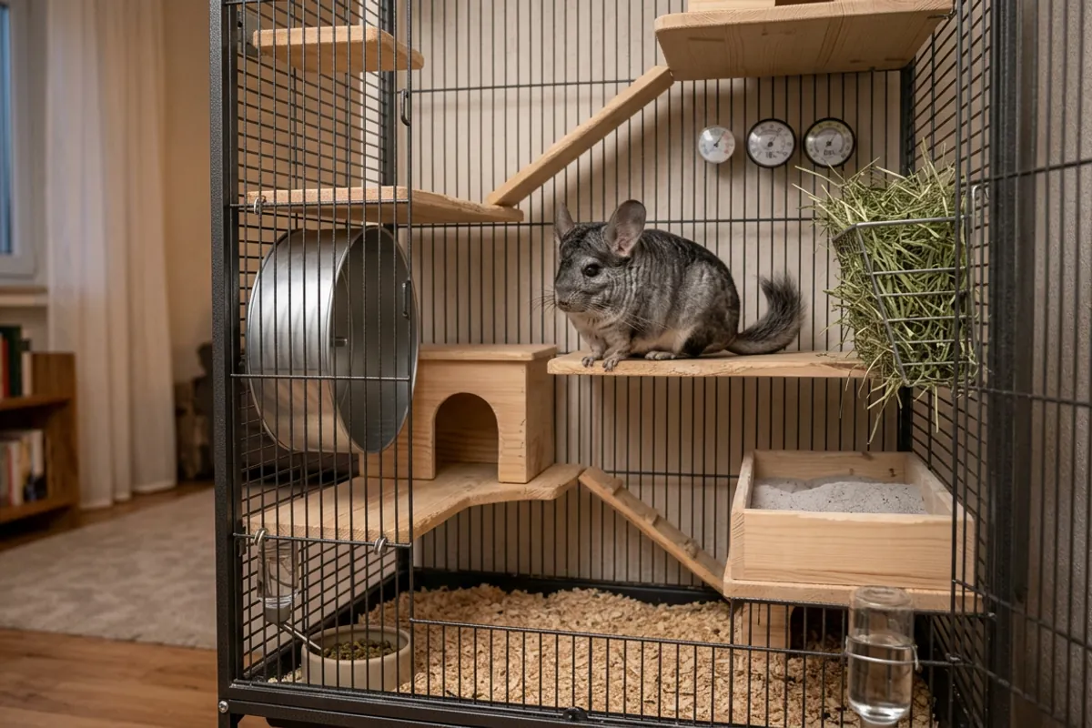 A full cage setup showing the real cost behind a Petco chinchilla purchase, with wooden ledges, a solid wheel and a hay rack