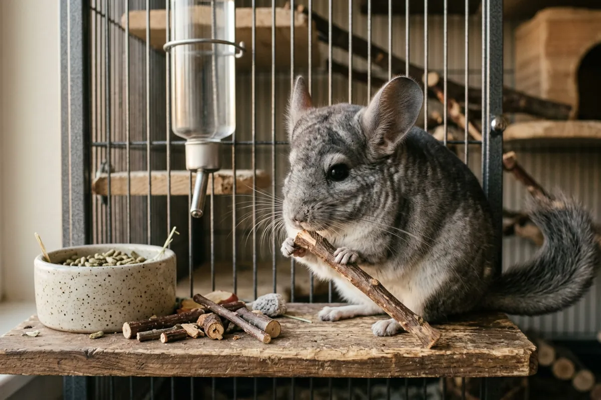 A chinchilla chewing safe apple wood beside plain pellets, the kind of supplies worth buying when you bring home a Petco chinchilla