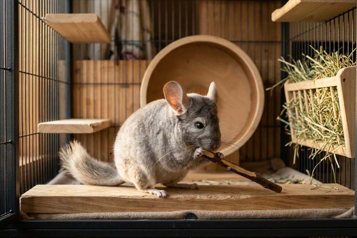 A silvery gray chinchilla chews wood on a wooden ledge inside a metal chinchilla cage fitted out better than a stock PetSmart chinchilla cage