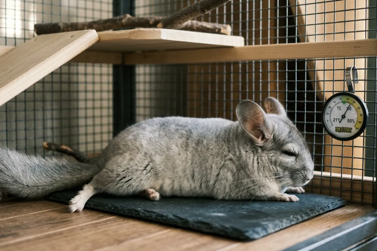 A silvery gray chinchilla rests on a cooling stone inside a PetSmart chinchilla cage kept in a cool shaded spot with a thermometer on the bars