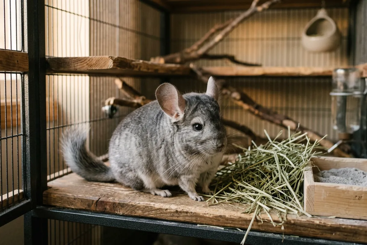 A standard grey chinchilla beside timothy hay and a dust bath, the ongoing costs behind any PetSmart chinchilla