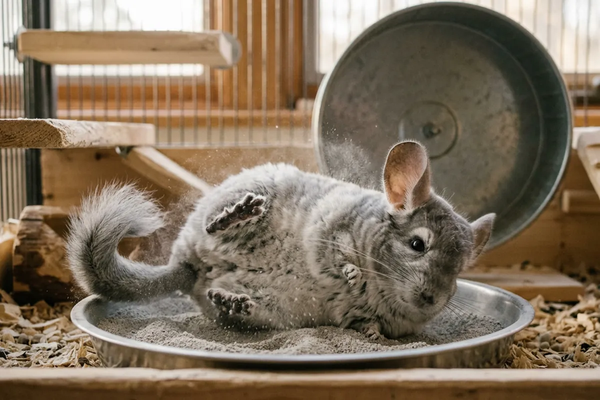 A standard grey chinchilla rolling in fine pumice dust in a finished cage, set up before bringing home a chinchilla from PetSmart