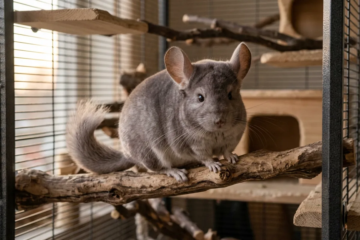 A violet, one of the rare chinchilla colors, sitting on a wooden branch inside a tall metal and wood cage