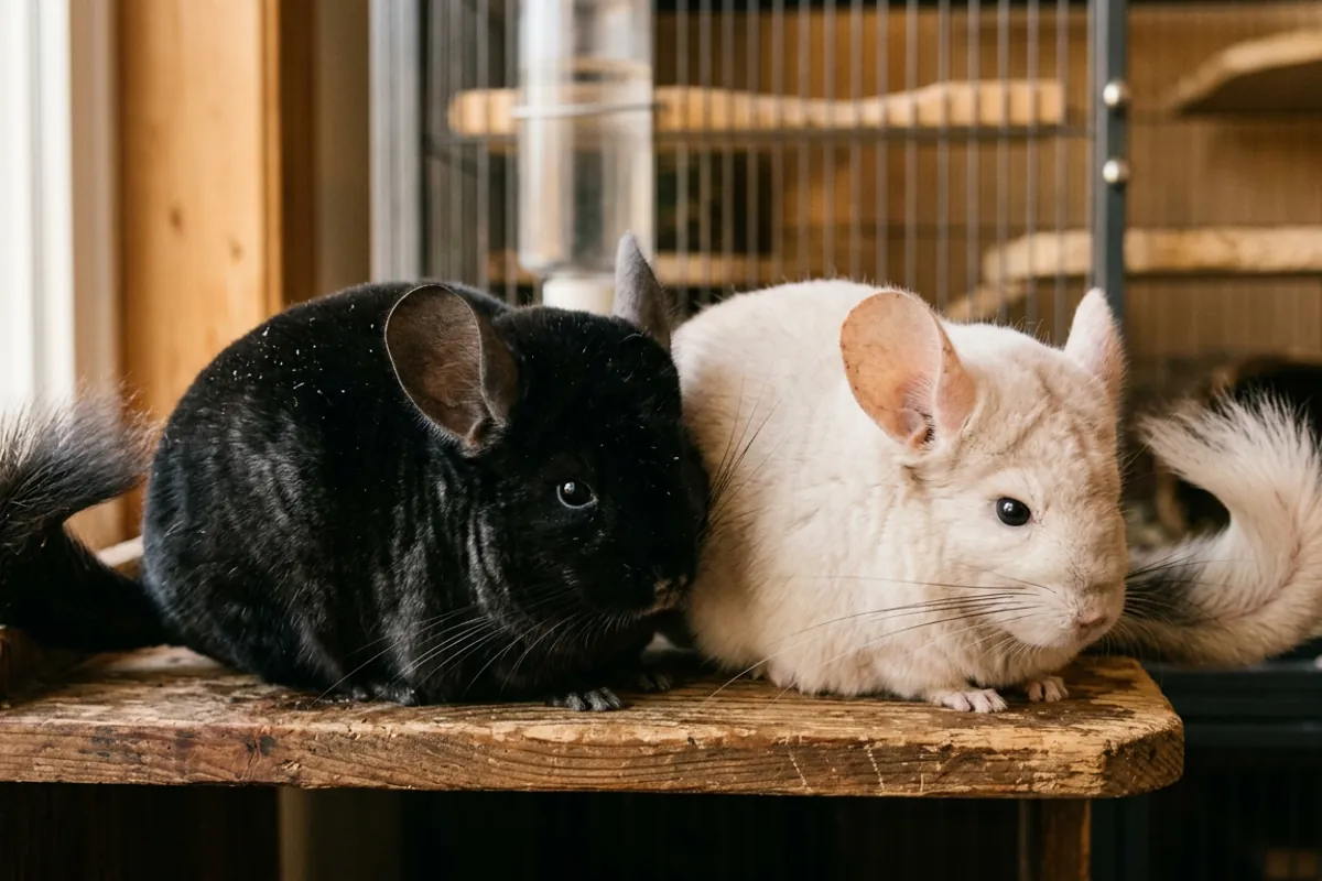 A dark ebony and a pale pink white shown together to compare rare chinchilla colors