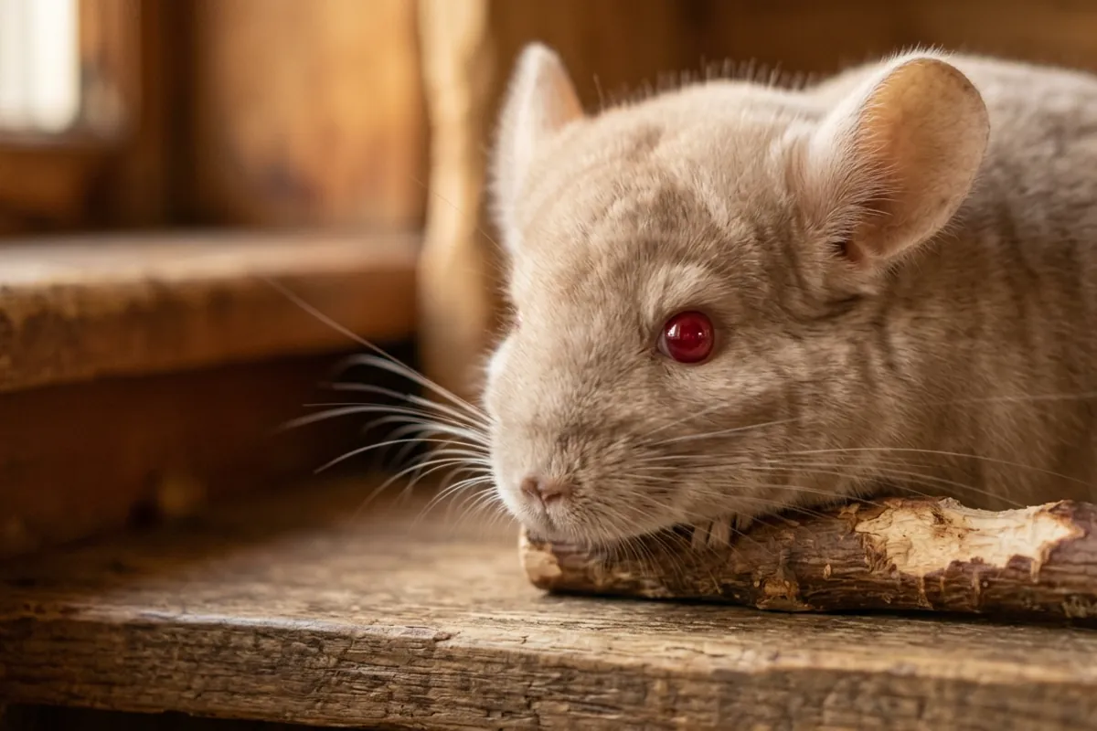 Close view of the ruby eye and warm coat behind the red chinchilla myth