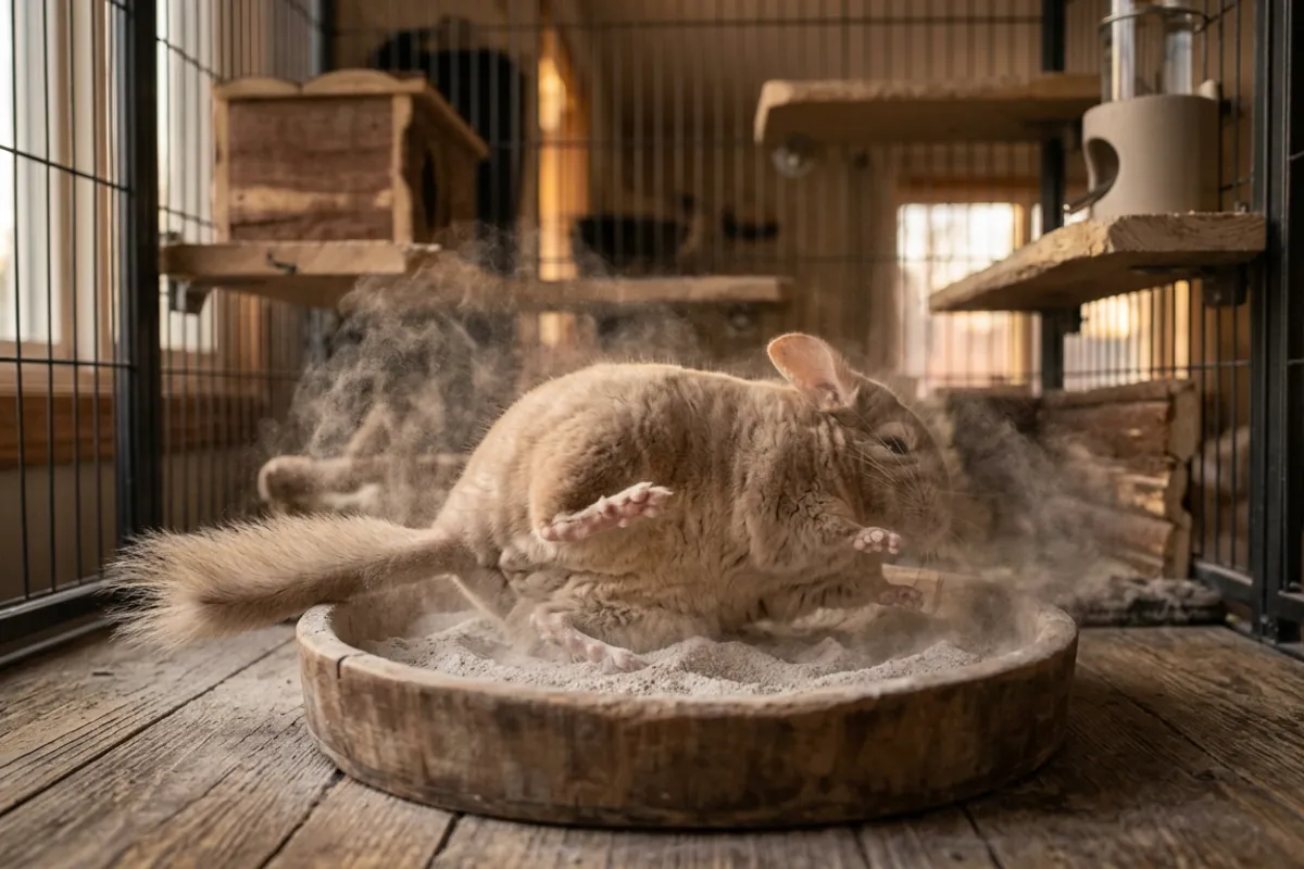 A warm toned chinchilla often called a red chinchilla taking a dry dust bath