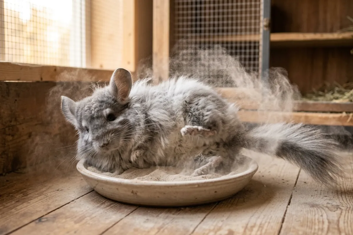 A royal persian angora chinchilla rolling in fine dust to clean its long coat