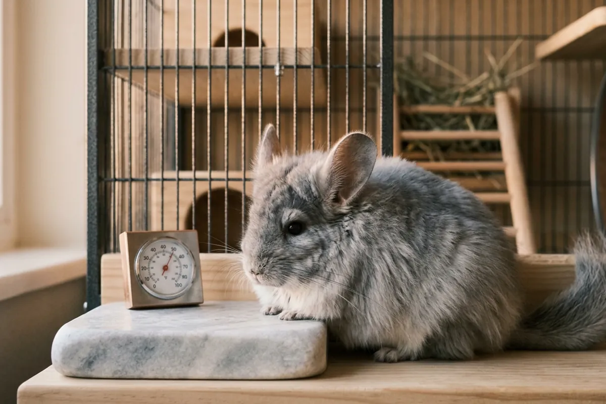A royal persian angora chinchilla cooling on a stone near a cage thermometer