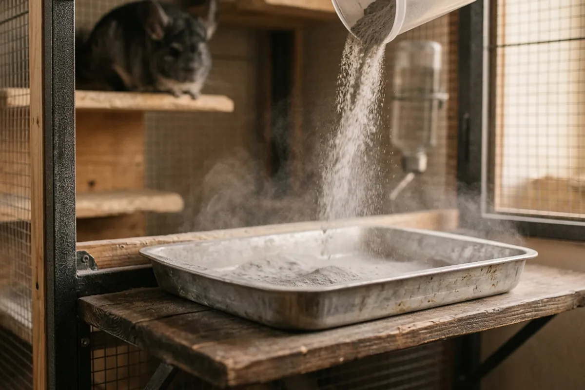 The fine volcanic dust a sand chinchilla actually needs, poured into a shallow tray instead of coarse sand