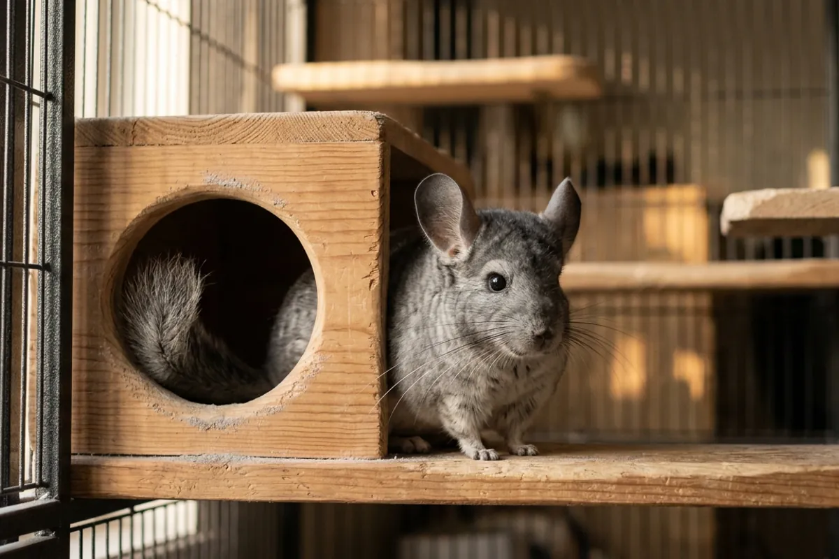 A sand chinchilla climbing out of an enclosed dust bath house after a roll in fine volcanic dust