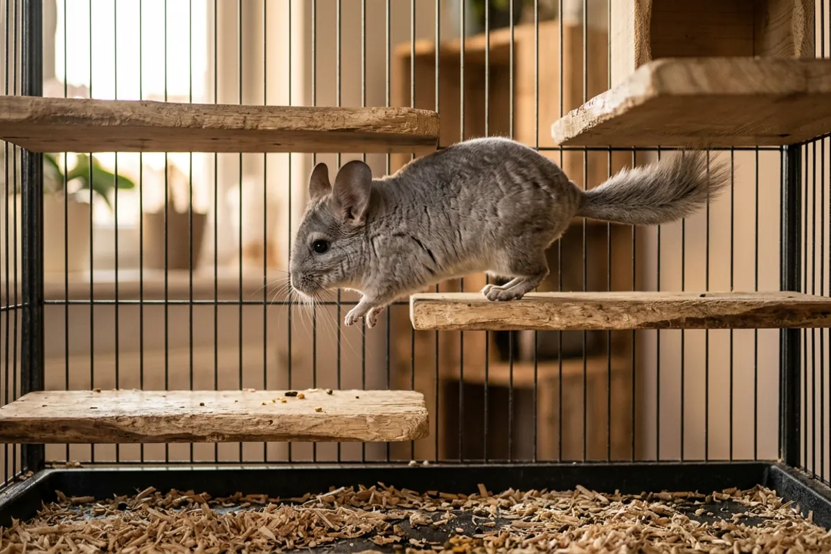 Staggered wooden ledges inside a cage showing chinchilla cage set up ideas for climbing