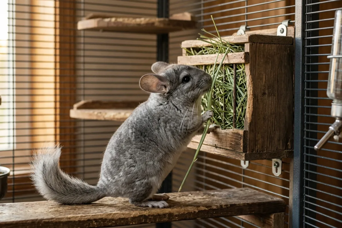 A chinchilla feeding from a wooden hay box while setting up a chinchilla cage with unlimited hay