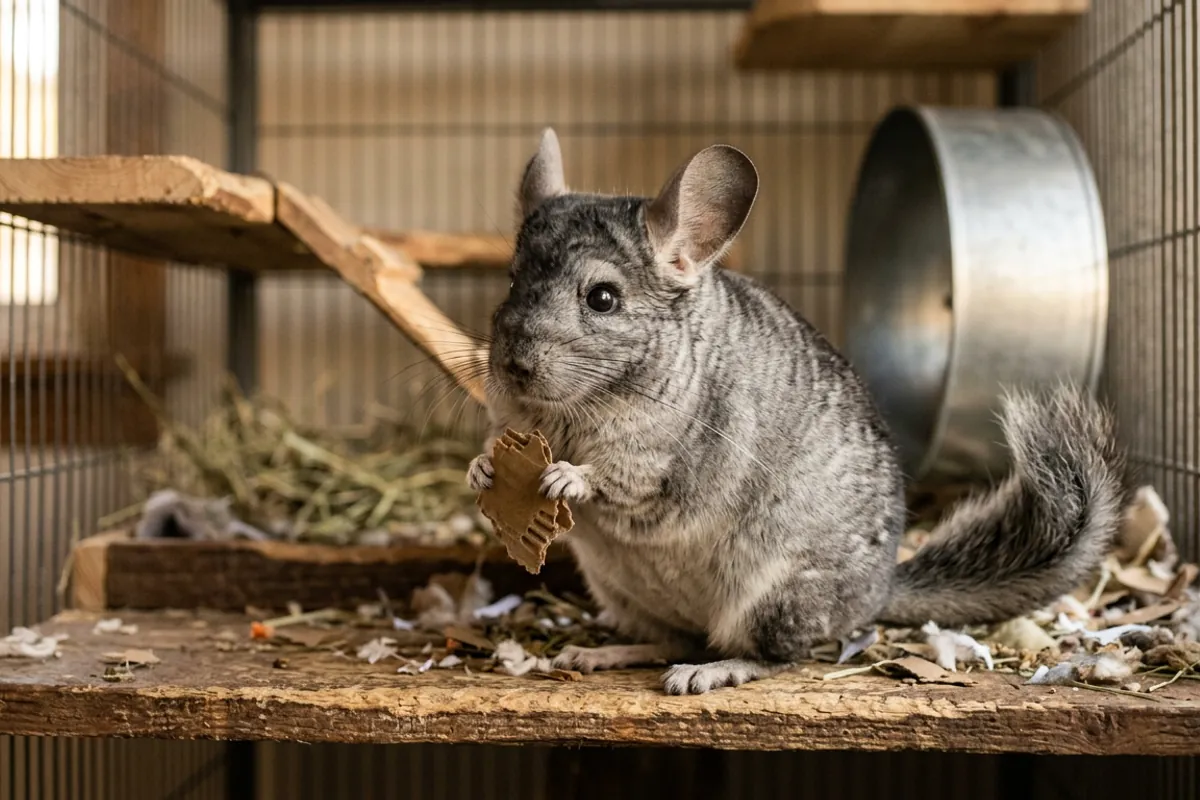 A real chinchilla shredding cardboard in its cage instead of a soft toy chinchilla